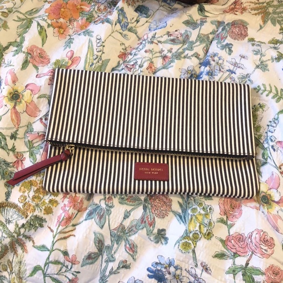 Henri Bendel Fold Over Stripe Canvas Clutch Bag - Picture 2 of 8